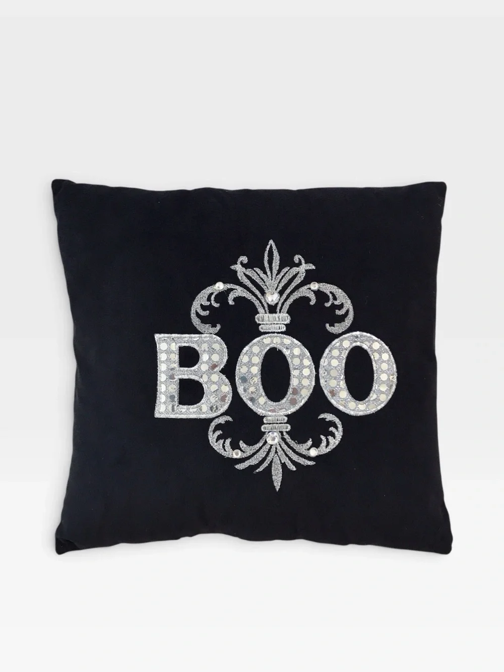 Black & Silver 'BOO' Halloween Pillow Velour with Sequins